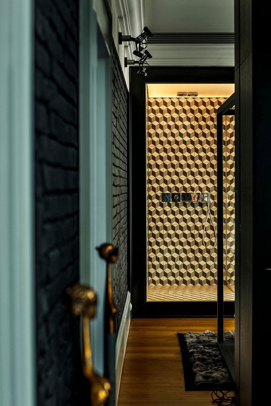 Smart glass shower enclosure with geometric tiles