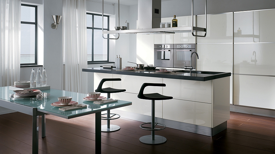 Sophisticated kitchen composition with smart snack area