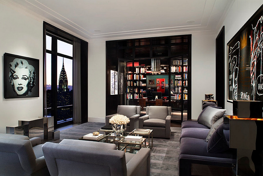 Spectacular view of NYC Skyline adds to the appeal of the living room [Design: Mark Cunningham]