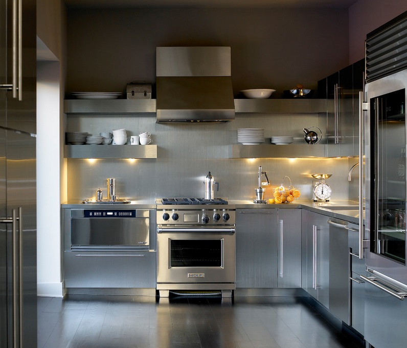 Stainless steel kitchen with open shelving