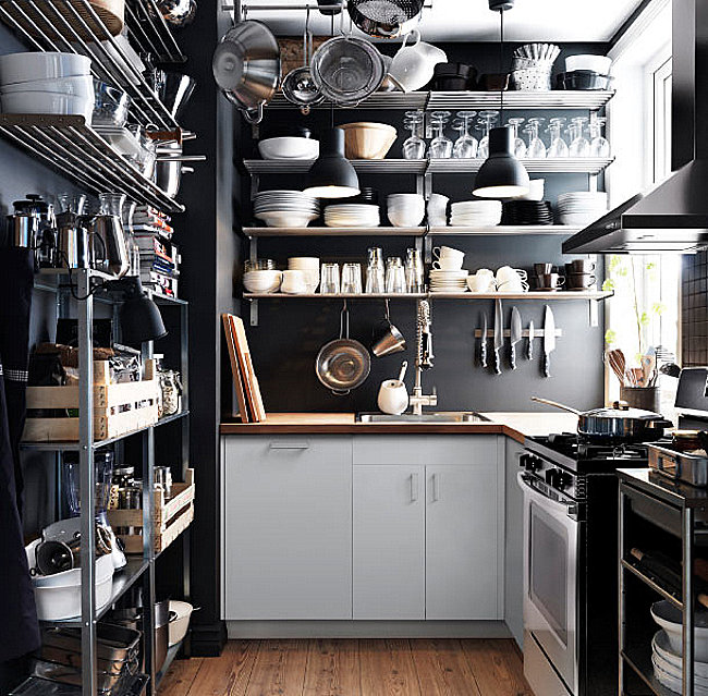 Stainless steel shelving in an IKEA kitchen