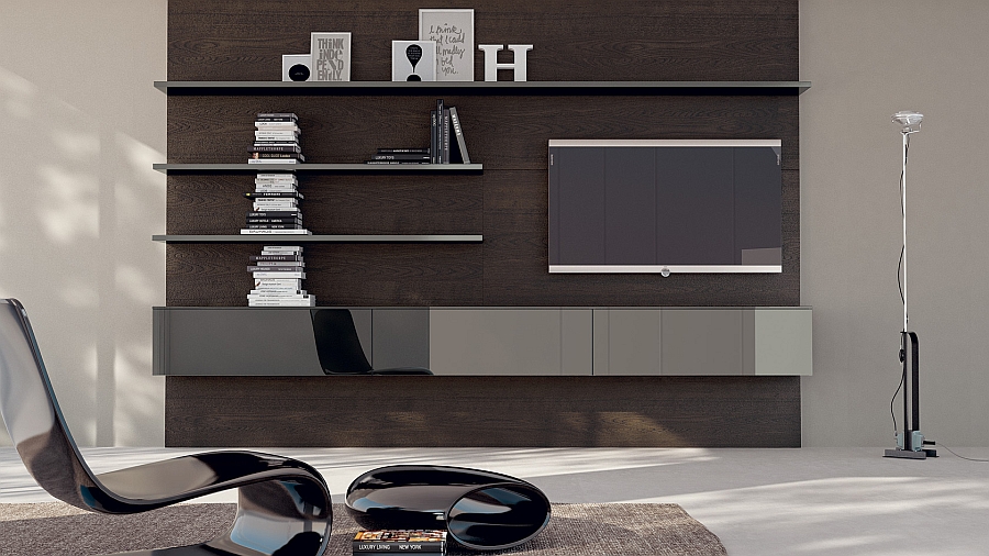 Suspended floating shelves and modular elements along with TV Unit