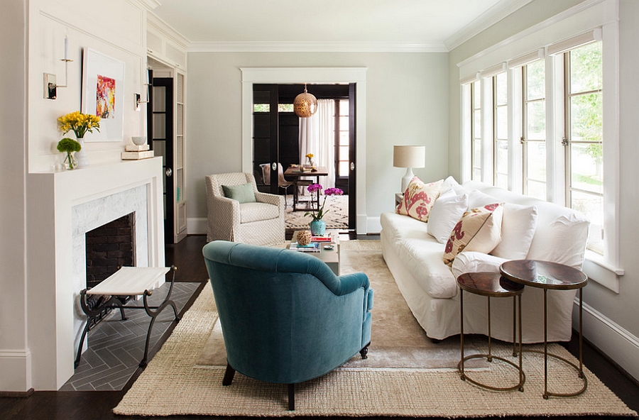 Tall nesting tables stand out visually in the transitional room