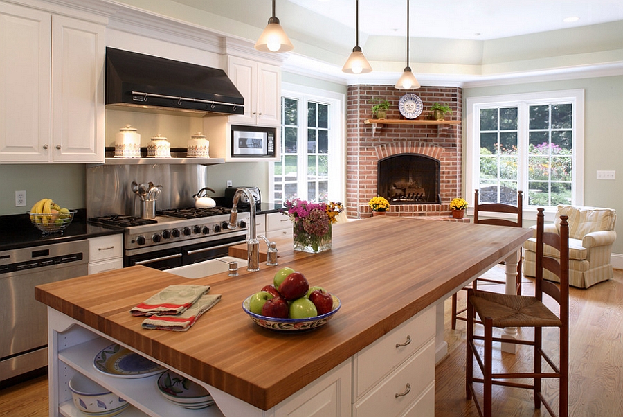 Traditional kitchen with a beautiful corner fireplace [Design: Owings Brothers Contracting]