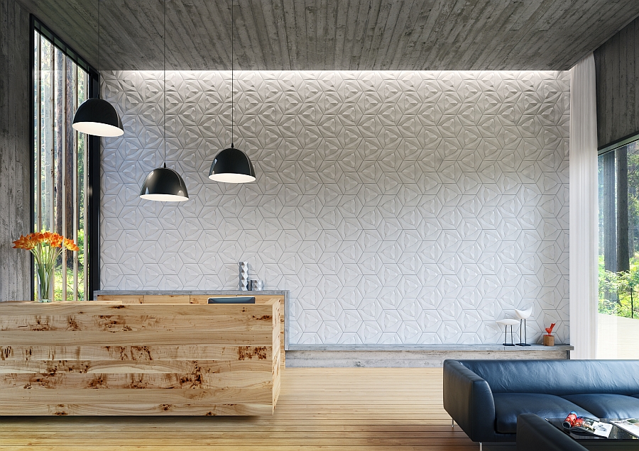 Trendy interior showcases wall with Cruck tile from Concurrent Constellations