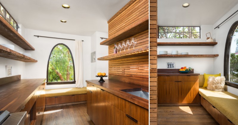 Two views of a window seat in an earthy modern kitchen