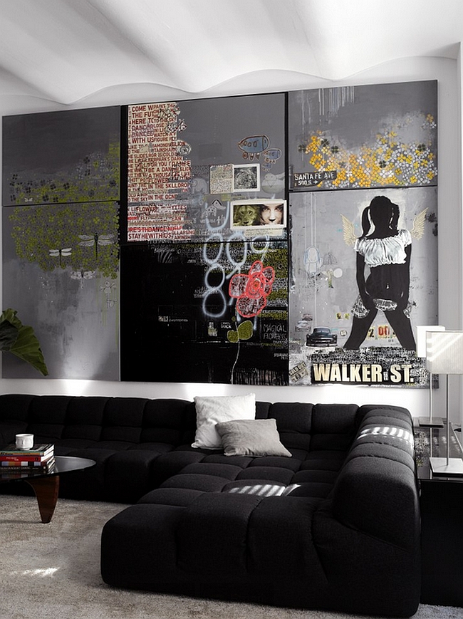 Wall art and ceiling give the room a urbane appeal