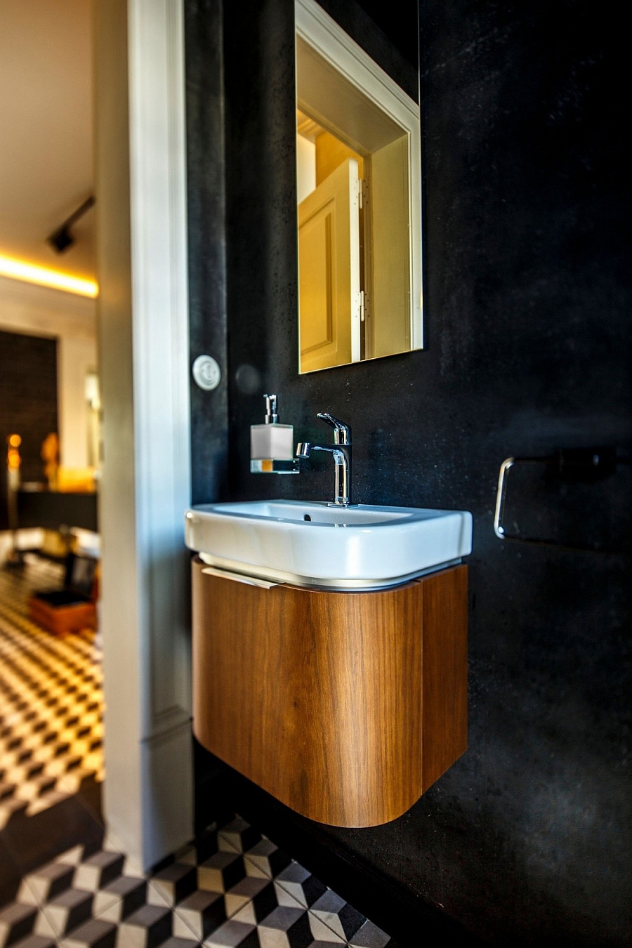 Wall mounted sink with wooden exterior