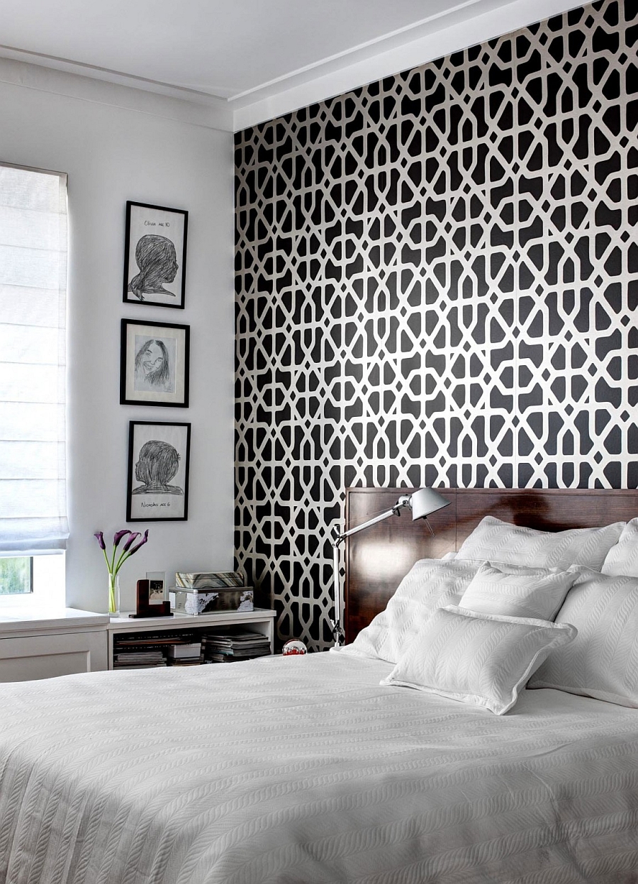 Wallpaper in bold pattern adds class to the serene bedroom