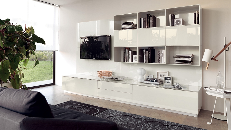 White living room wall unit with glossy lacquer finish