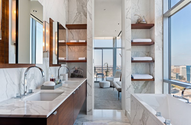 White marble bathroom with fresh towels