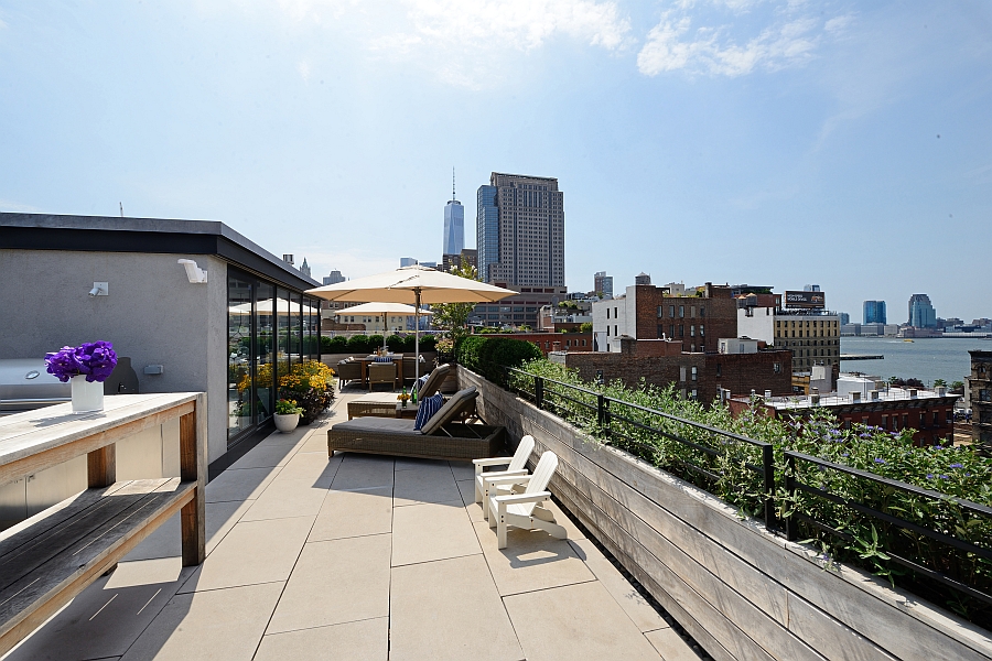 1500 square foot outdoor terrace with view of the Hudson river