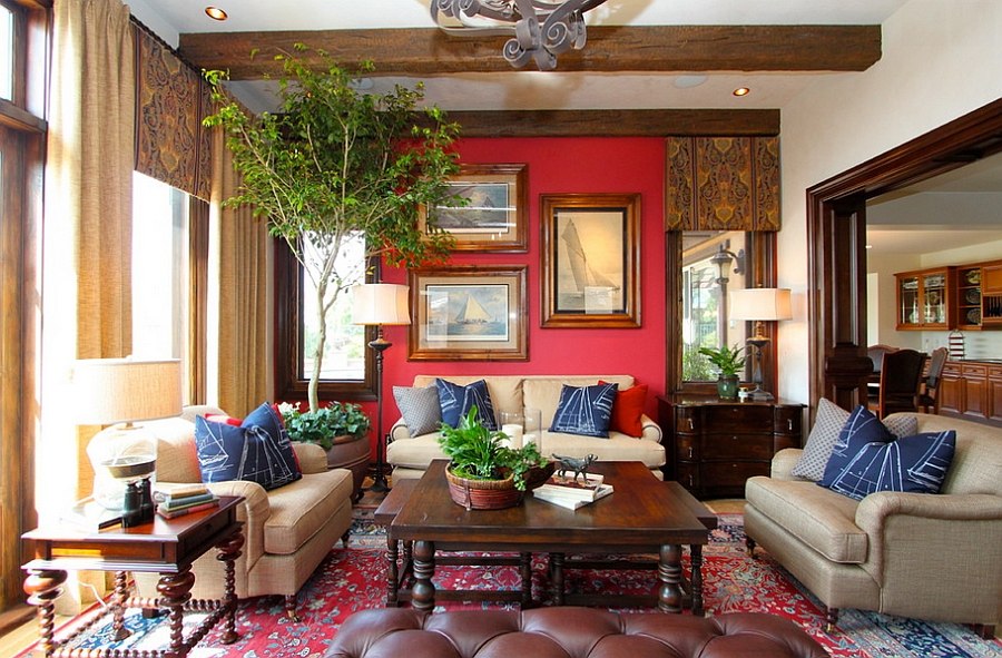 A blend of red and blue in the beautiful living room