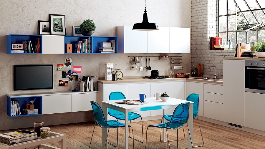 A trendy comniation of the kitchen and dining room for the small studio apartment