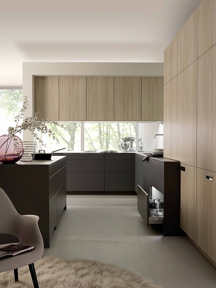 Acacia wood cabinetry gives the kitchen a calming look