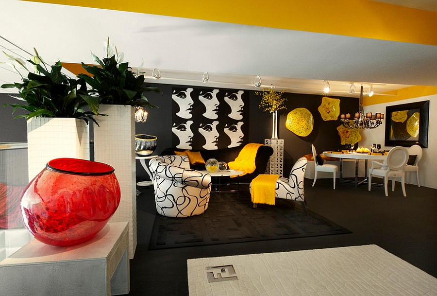 Artistic black and white living space with bold yellow accents [Design: Tracy Murdock Allied]