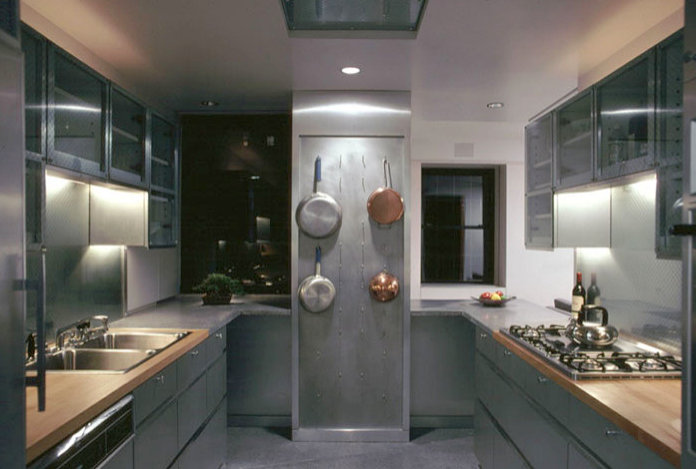 Artistic kitchen with stainless steel pots