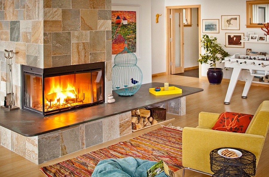 Beautiful birdcage in bold color next to the fireplace [Photography: Irvin Serrano]