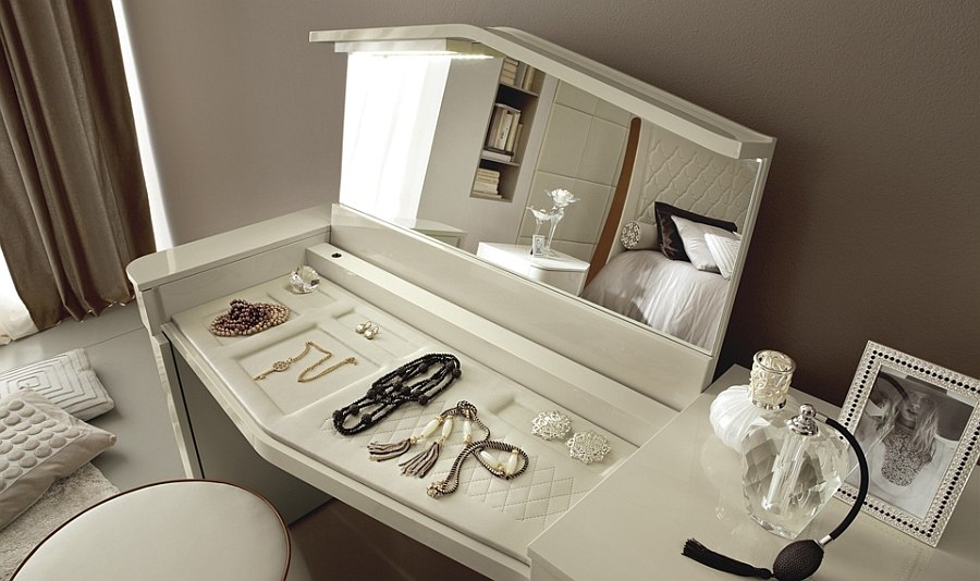 Bedroom console with lift-up top mirror and concealed shelves