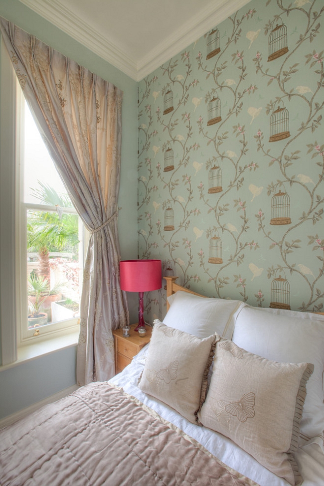 Birdcage Walk wallpaper in the chic bedroom [Design: Furnished by Anna]