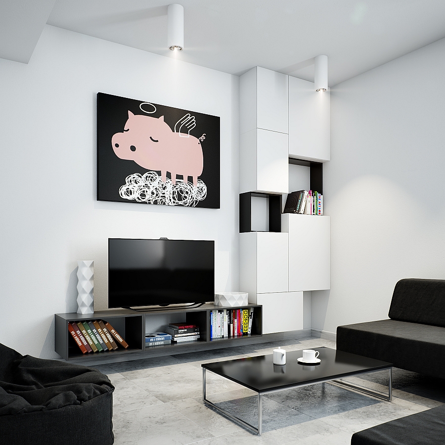 Black and white living room with smart modular wall mounted cabinets