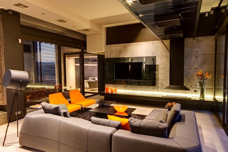 Bright pops of orange in the living room