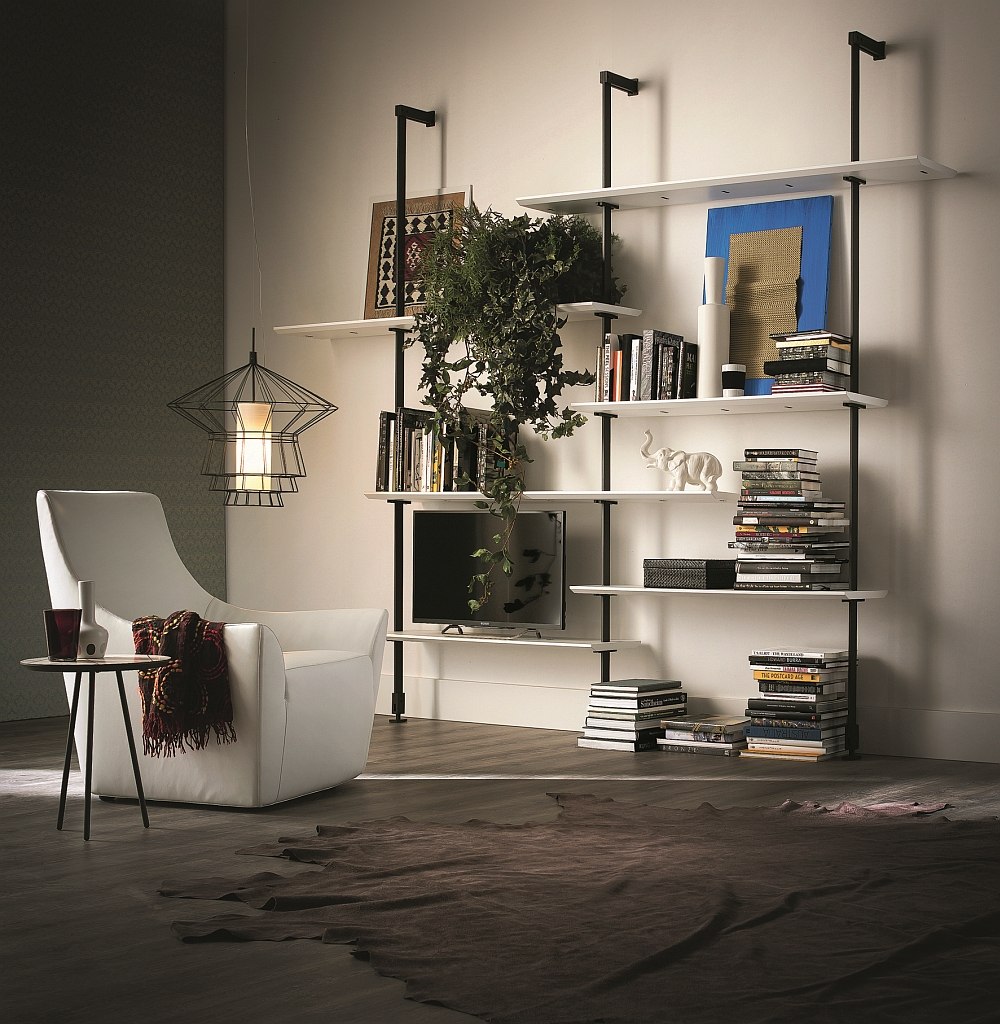 Canaletto walnut shelves and steel frame shape the stylish wall units