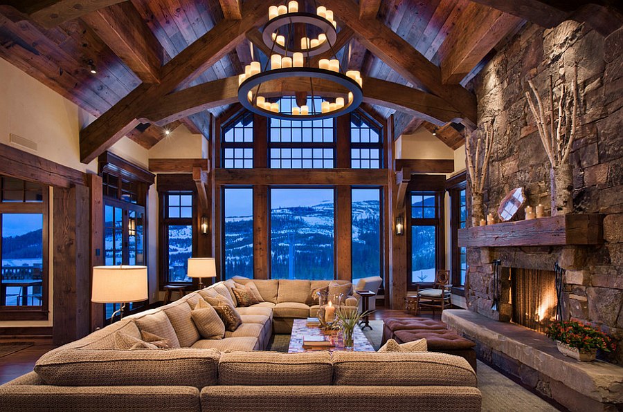 Chalet style living room has an imposing presence [Design: Locati Architects]