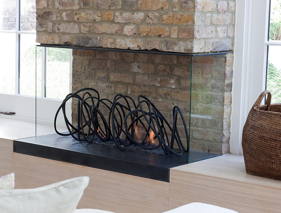 Closer look at the lovely steel sculptural loops inside the fireplace