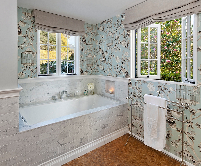 Colorful wallpaper brings the bathroom alive [Design: Elizabeth Vallino Interiors]