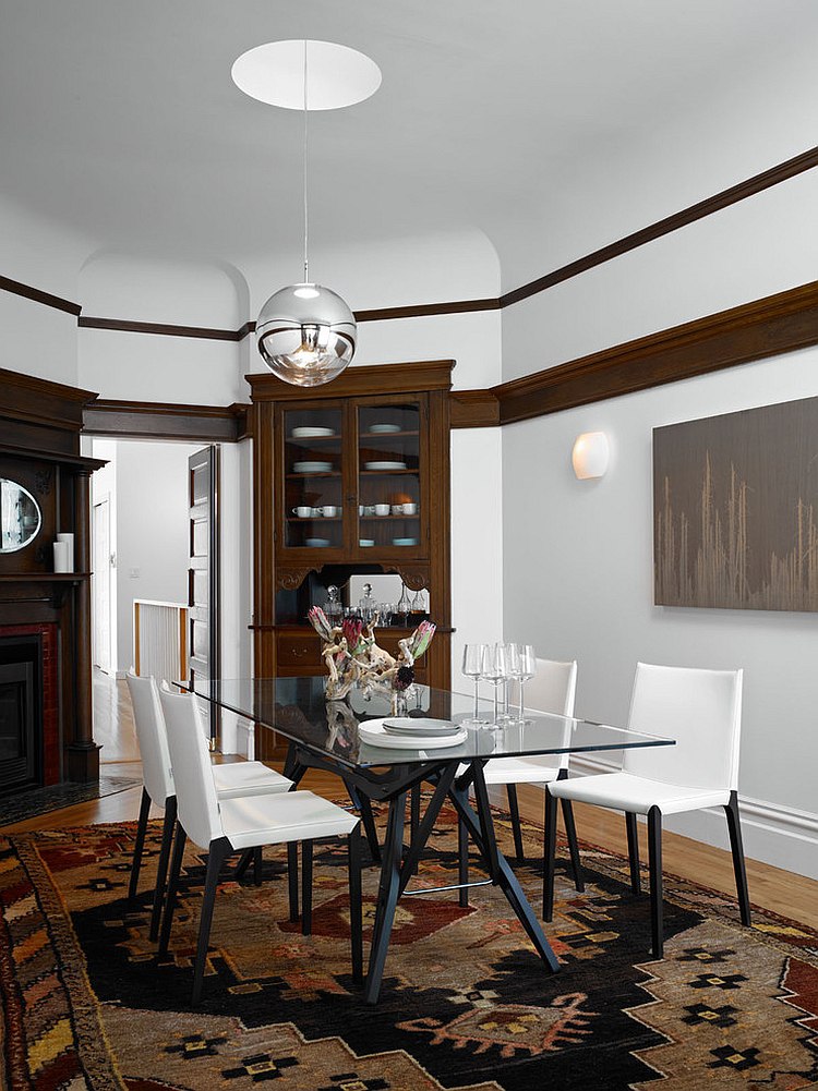 Contemporary dining room with gorgeous corner shelf [Design: Chr DAUER Architects]