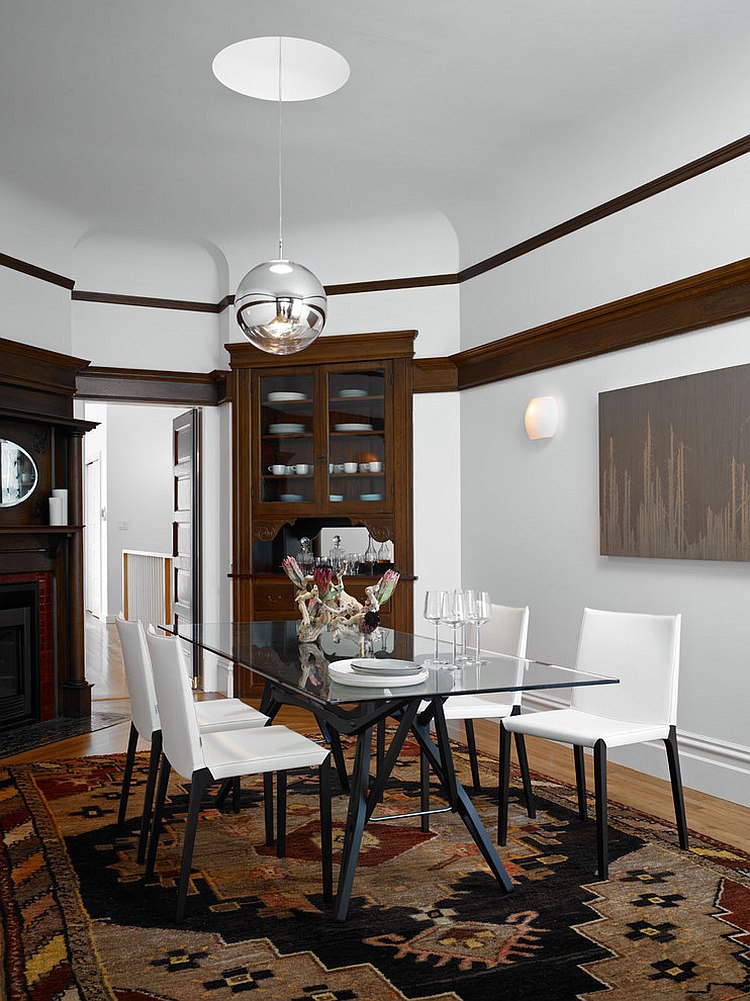 Contemporary dining room with goregous corner shelf