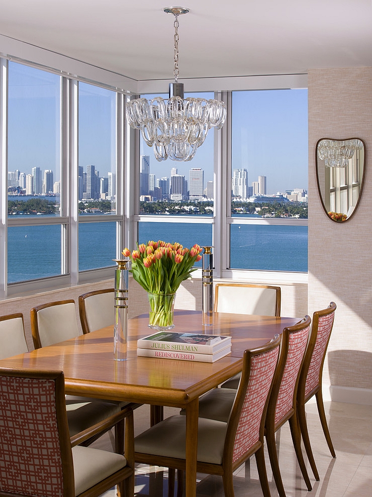 Contemporary dining room with view of the ocean and NYC city skyline