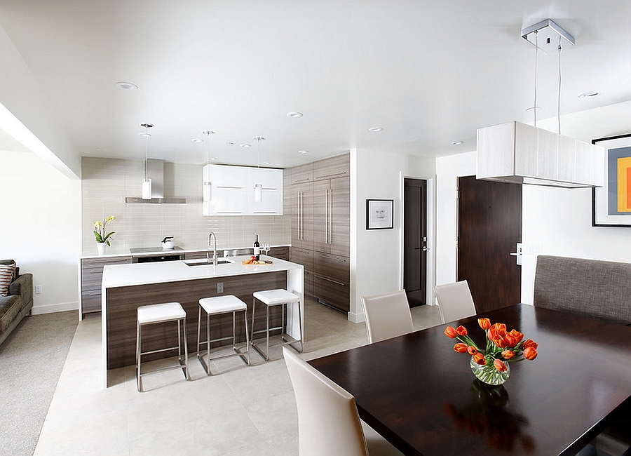 Contemporary kitchen and ining area in an open floor plan