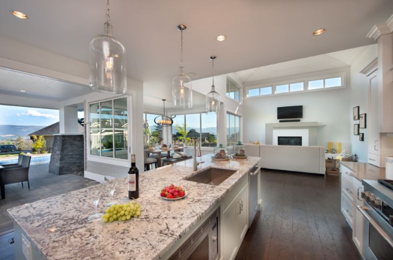 Cork plank flooring in a bright kitchen