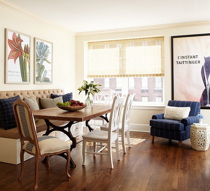 Cozy reading nook in the corner of the dining room [Design: kim scodro interiors]