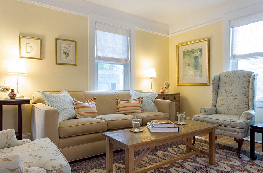 Delicate and soft honeyed yellow gives the room a charming, warm glow [By: Hammond Design]