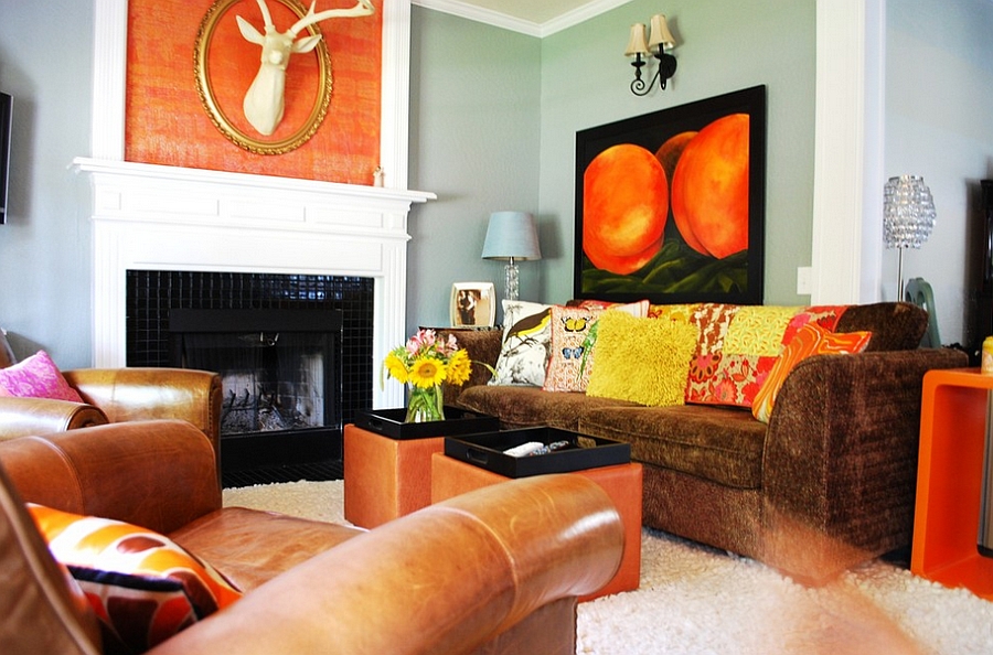 Eclectic living room in orange and black [Design: Judith Balis Interiors]