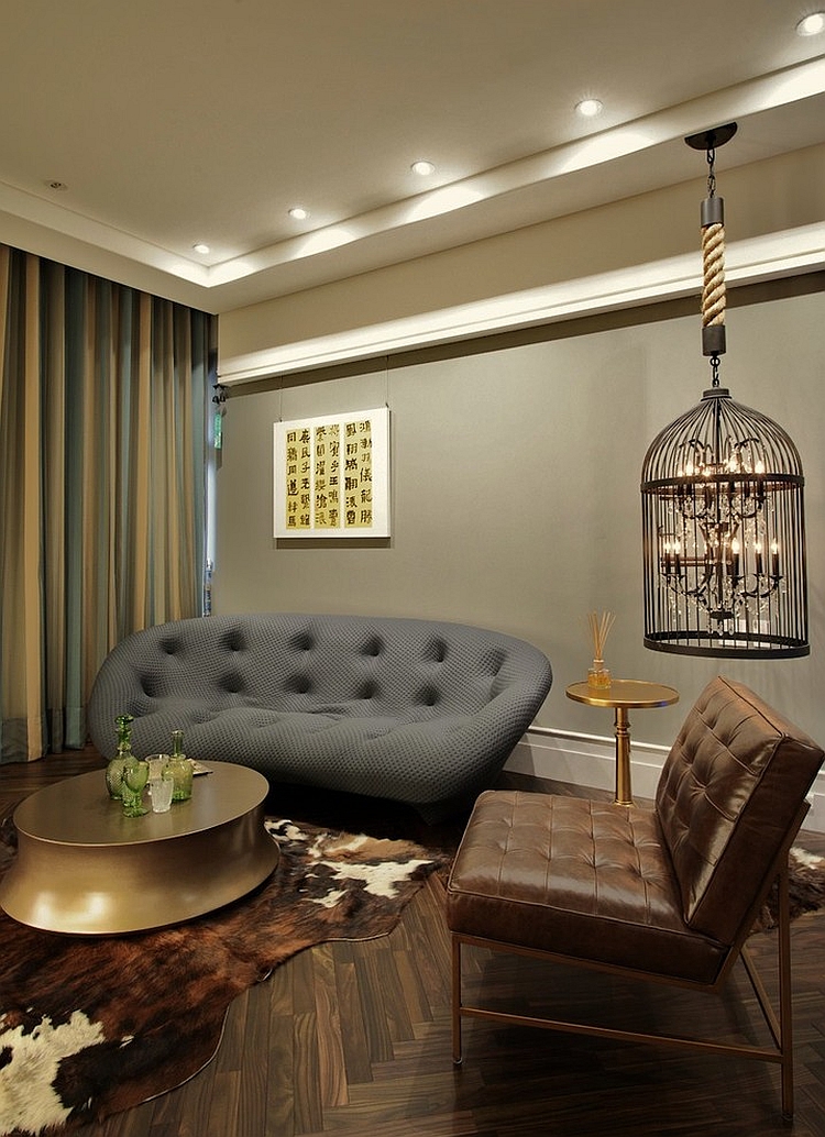 Eclectic living room with a bird cage lighting option [Design: PLAN Design Group]