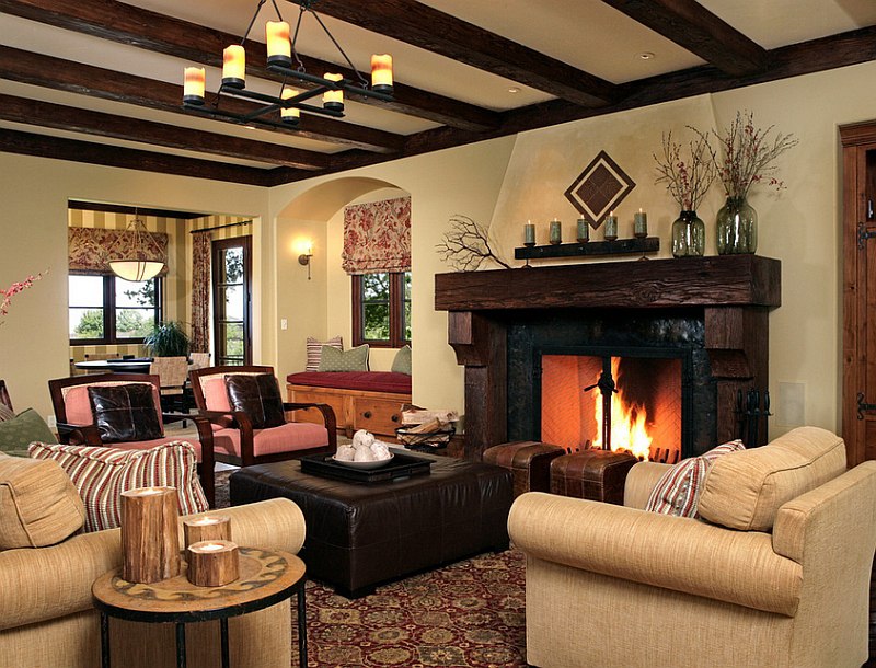 Fireplace is at the heart of this gorgeous rustic living room