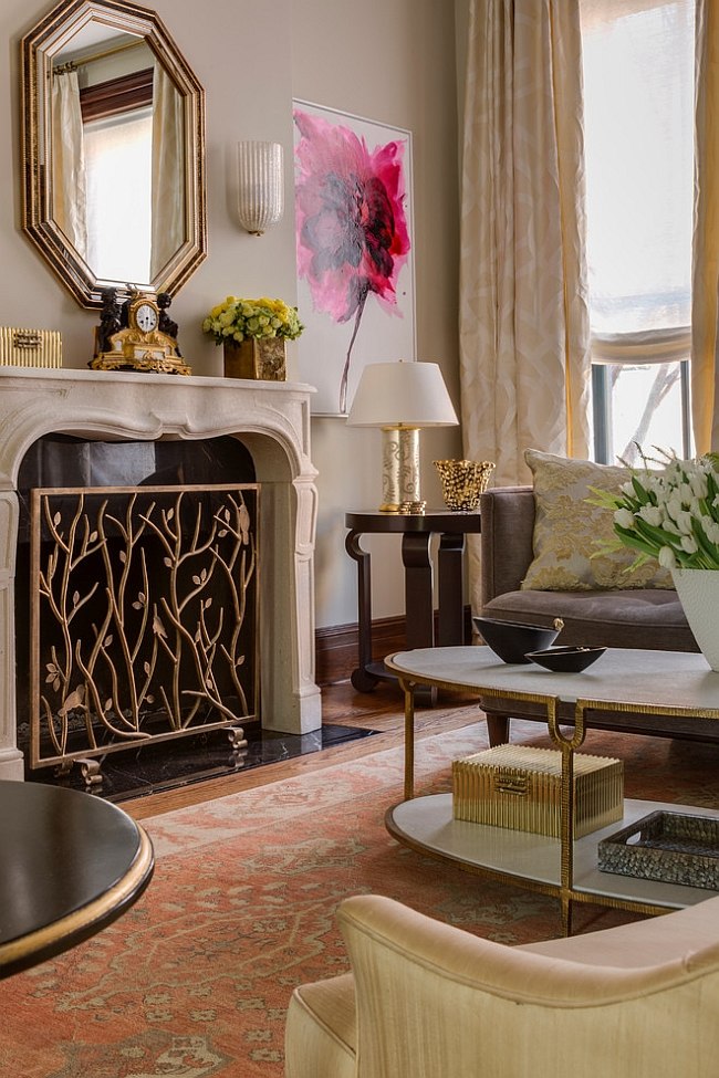 Fireplace screen brings intricate pattern to the room