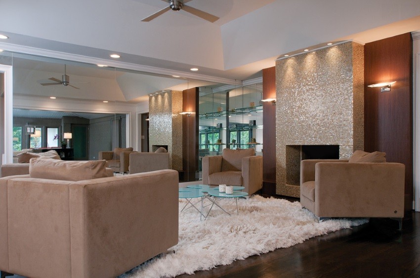 Fireplace with glass tile in a modern living room