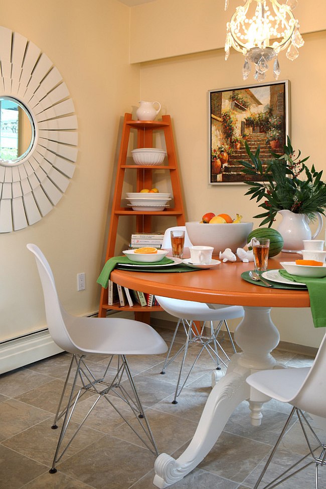 Freestanding corner bookshelf in the dining area