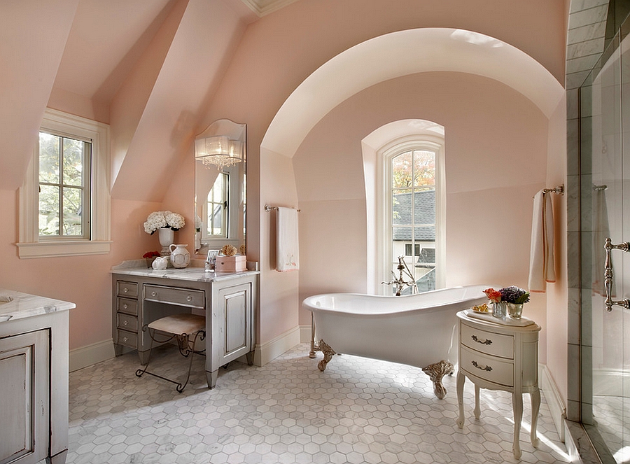 French country style bathroom uses a light pink shade