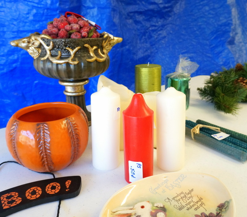 Garage sale table with seasonal items