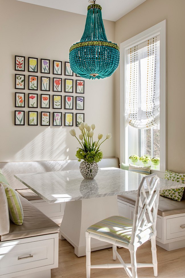 Gorgeous Turquoise Drape Chandelier adds color to the dining area