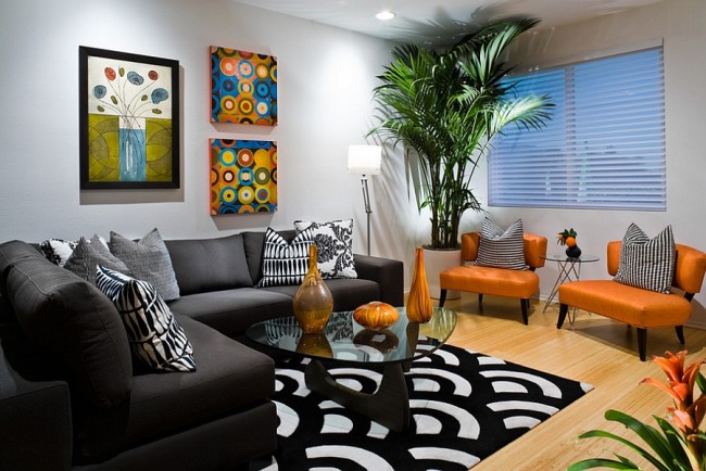 Orange And Black Interiors Living Rooms Bedrooms And Kitchens   Gorgeous Fusion Of Black And Orange With Bright Pops Of Blue 650x434 