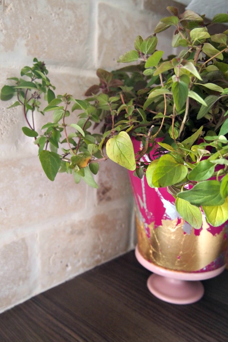 Gorgeous gold and pink planter looks great in a feminine space