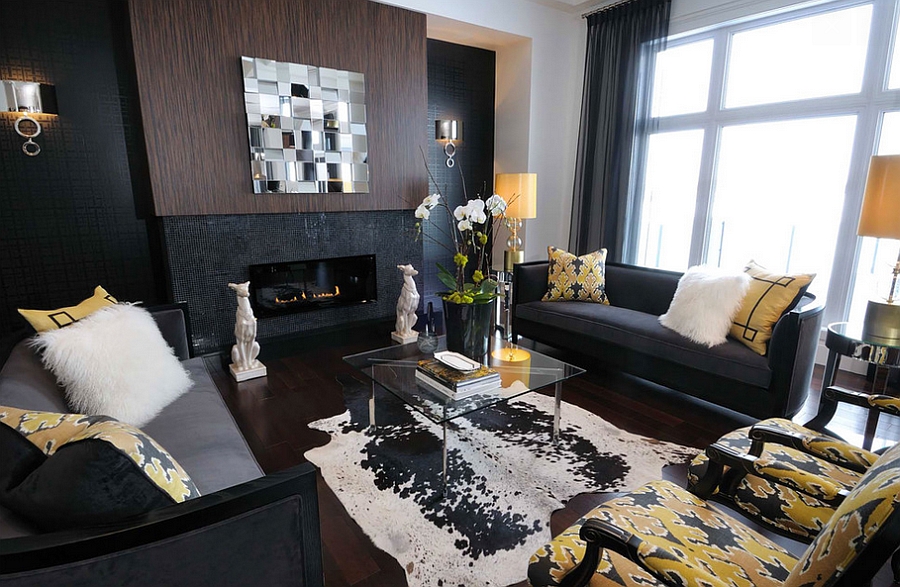 Interesting yellow accents add cheerful elegance to the dark living room [By: Atmosphere Interior Design]