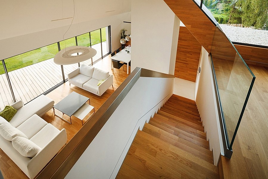 Interior of the Two Barn House with warm wooden surfaces